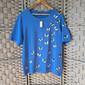 Talbots Blue Butterfly Sequin Short Sleeve Sweater Size 2X NWT Spring Summer